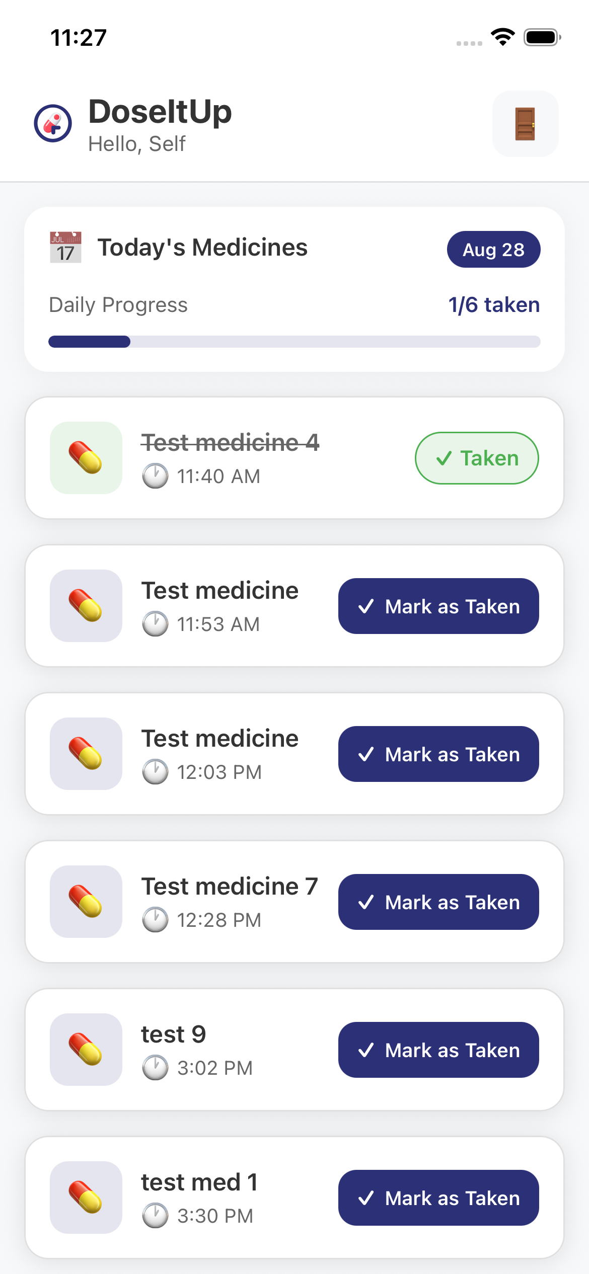 DoseItUp app showing the medication tracking dashboard with daily dose schedule and adherence progress