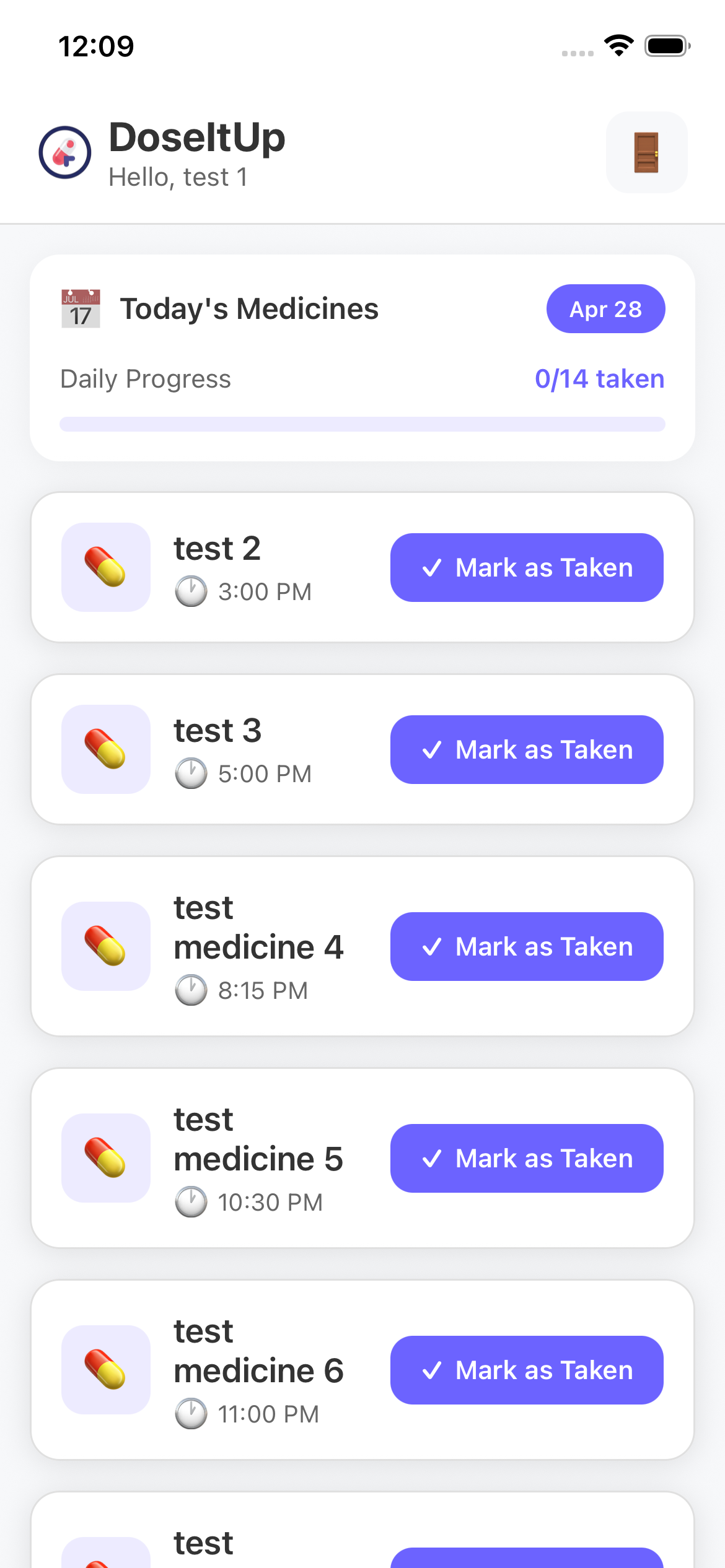 DoseItUp app showing the medication tracking dashboard with daily dose schedule and adherence progress